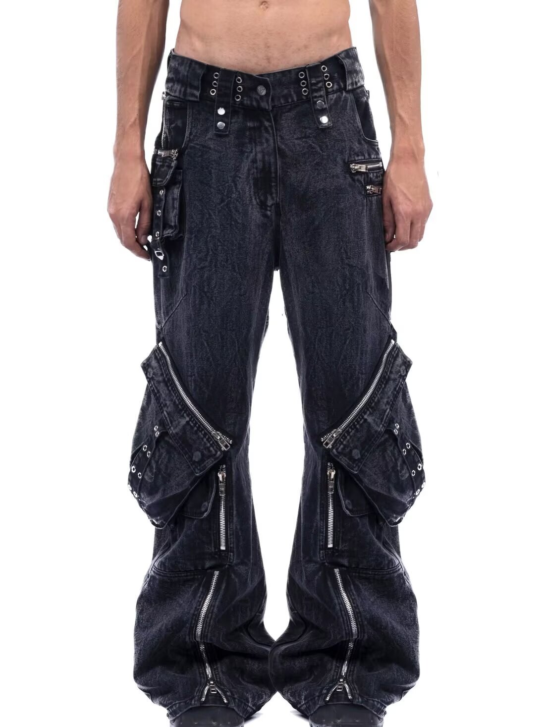 Street Fashion Jeans Men - Y2K Black Gothic Punk Multi-Pocket Zipper