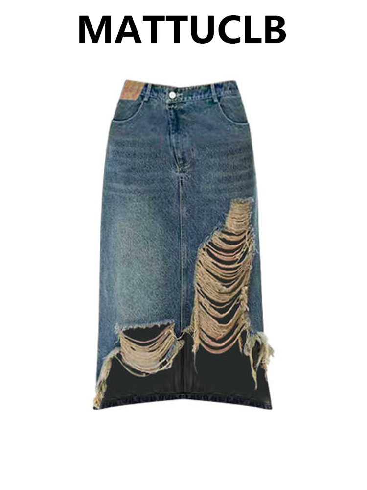 Street Fashion Korean - Women 2000s Midi Skirt Ripped Denim