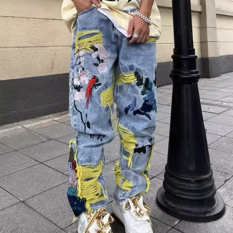 Street Fashion Jeans Men - American Vintage Hip-hop Embroidery Dilapidated Jeans