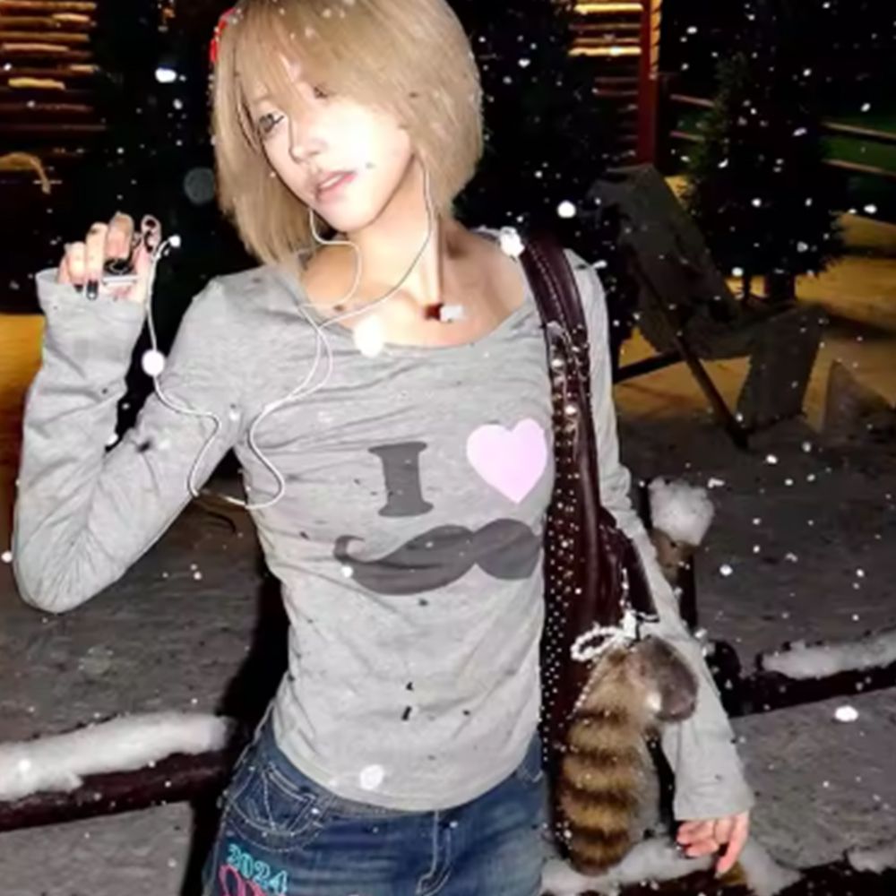Street Fashion Korea - Japanese Y2K Beard Print T-Shirt Vintage