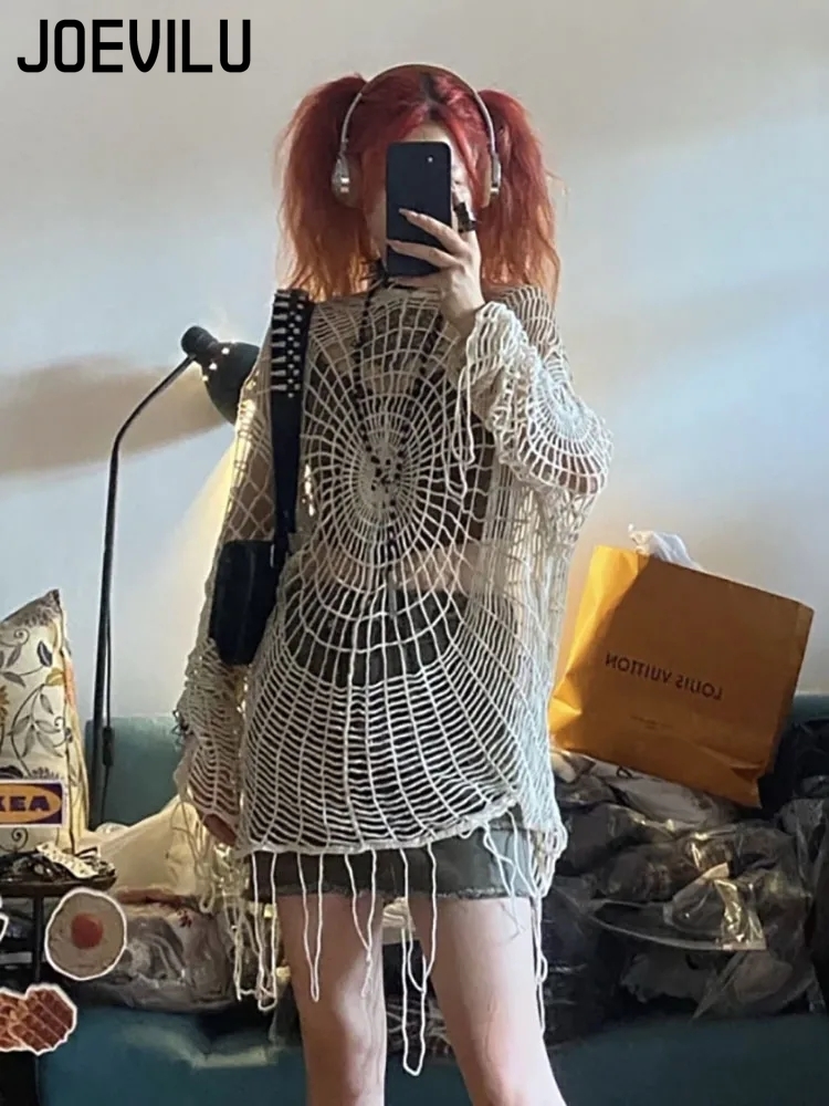 Street Fashion Korean - JOEVILU Hollow Knit Hooded Tops Women's