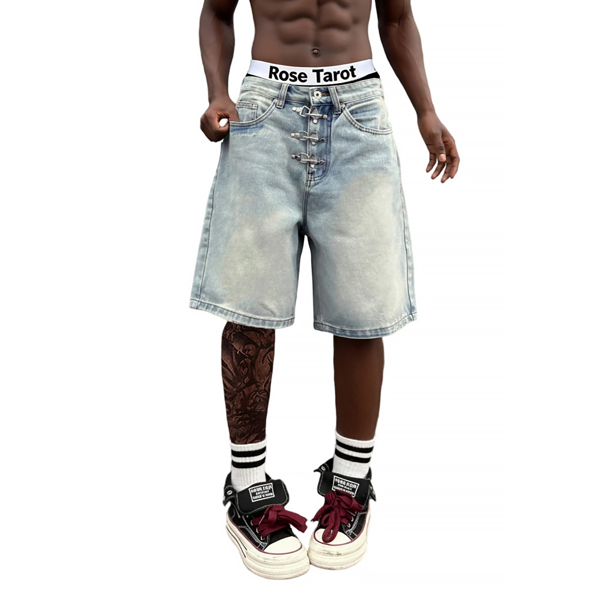 Metal Buckle Short Baggy Jeans - đánh giá và giá Street Fashion Jeans Men